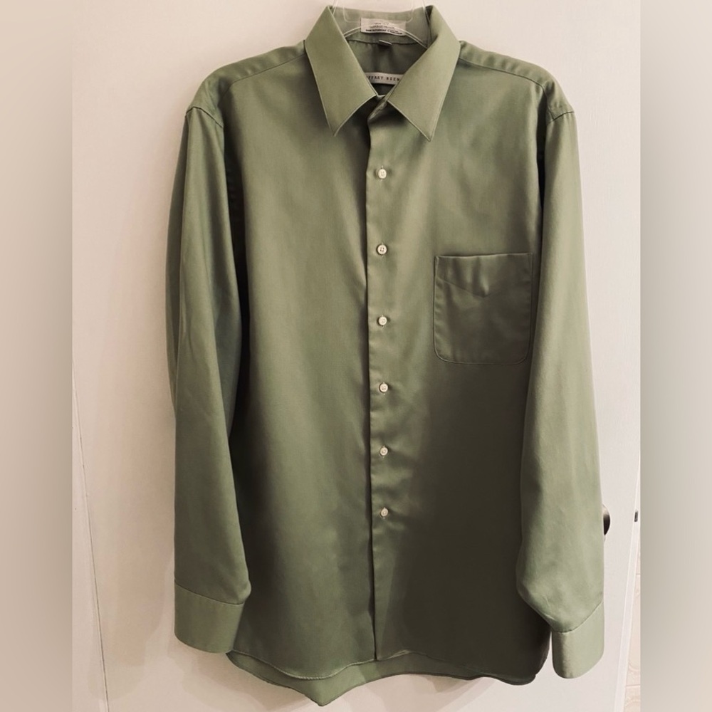 Geoffrey Beene Sateen Wrinkle Free Lt Green Button Up Collar Shirt Size 16 34/35
